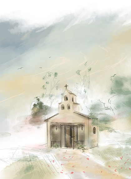 Pintura en acuarela de una iglesia rústica